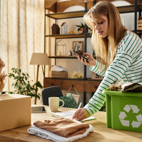 A woman at home using a green recycling bin to sort her old clothing for a more sustainable lifestyle.