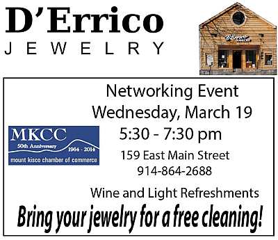 Meet fun people, enjoy lovely refreshments, and get your jewelry cleaned at the D'Errico/Mount Kisco Chamber Neworking Event.