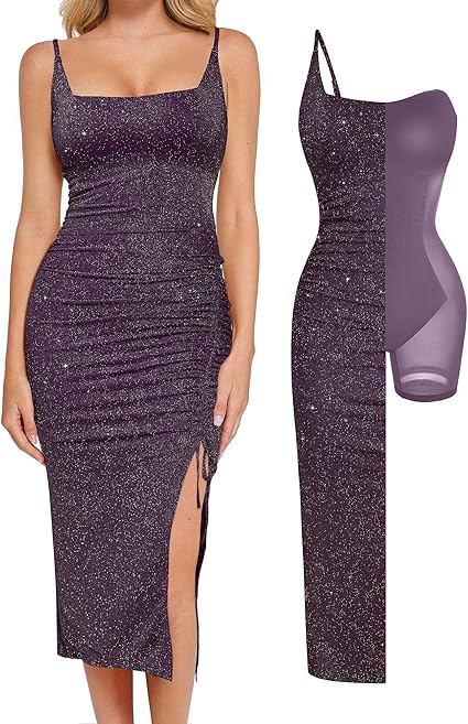 Popilush Shapewear Dress Sparkly Cocktail Dresses for Women Tummy Control Square Neck Ruched Formal Midi Dress Side Slit