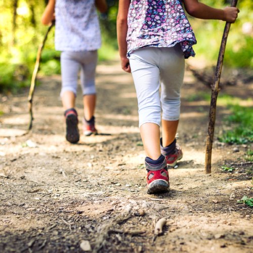Two kids wear long, gray shorts and red hiking boots while hiking on a dirt path. They are holding walking sticks.