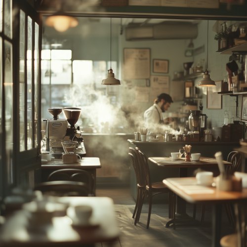 A small coffee shop is lit with ambient lamps and natural light. A man in an apron works behind the counter.