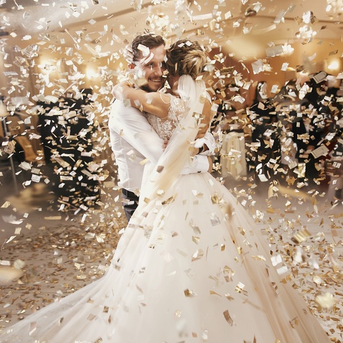 A bride and groom embracing one another on a dance floor as silver and gold confetti floats around them.